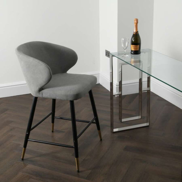 Modern-Luxury-Grey-Velvet-Bar-Stool-With-Black-Metal-Legs-With-Gold-Tips