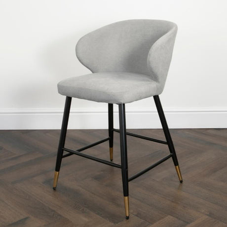 Modern-Luxury-Grey-Velvet-Bar-Stool-With-Black-Metal-Legs-With-Gold-Tips