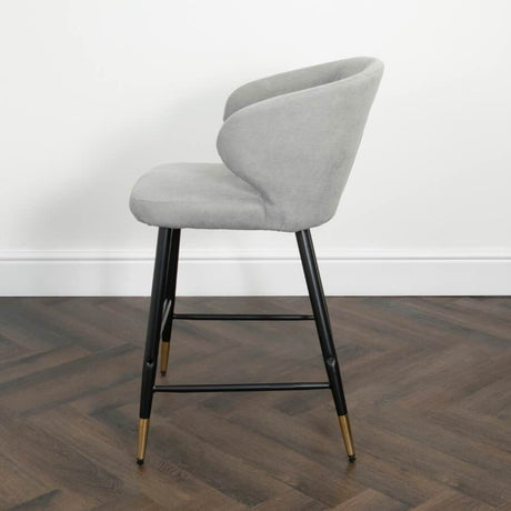 Modern-Luxury-Grey-Velvet-Bar-Stool-With-Black-Metal-Legs-With-Gold-Tips