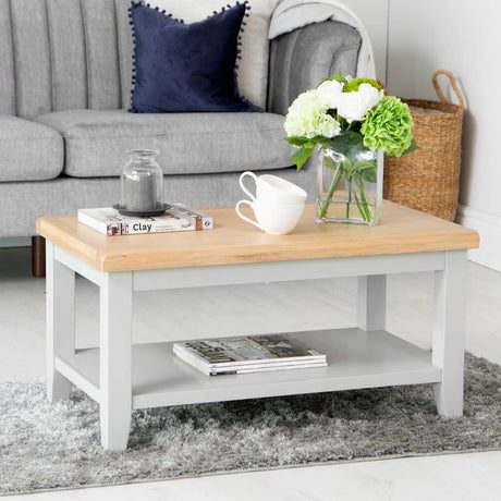 Alexandra Modern Rectangular Oak Wood Coffee Table With Shelf 90cm