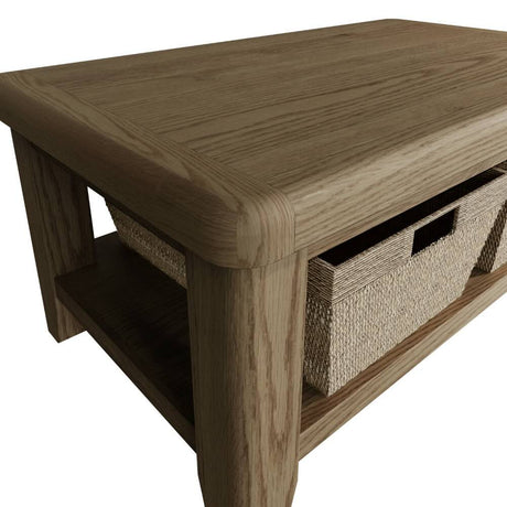 Nathan Rustic Rectangular Oak Wood Coffee Table With Wicker Storage 100cm