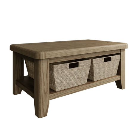 Nathan Rustic Rectangular Oak Wood Coffee Table With Wicker Storage 100cm