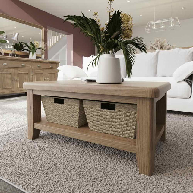 Nathan Rustic Rectangular Oak Wood Coffee Table With Wicker Storage 100cm