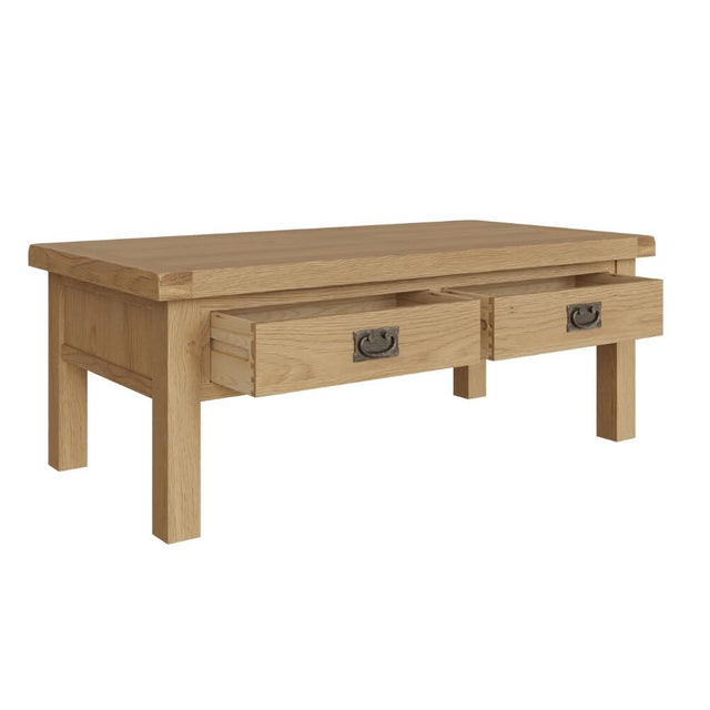 Arthur Rustic Rectangular Oak Wood Coffee Table With Drawers 120cm