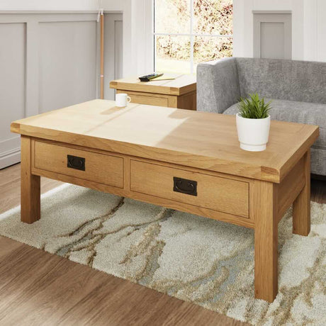 Arthur Rustic Rectangular Oak Wood Coffee Table With Drawers 120cm