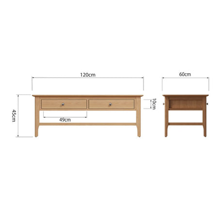 Monroe Rustic Rectangular Oak Wood Coffee Table With Storage 120cm