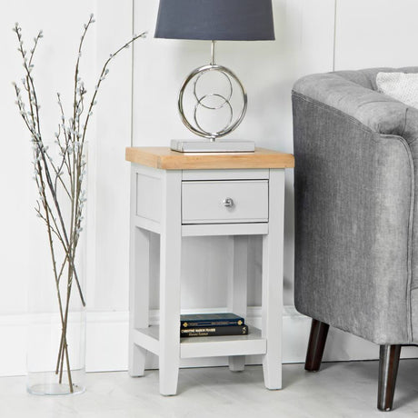 Alexandra Modern Oak Wood Square Grey Side Table With Drawer