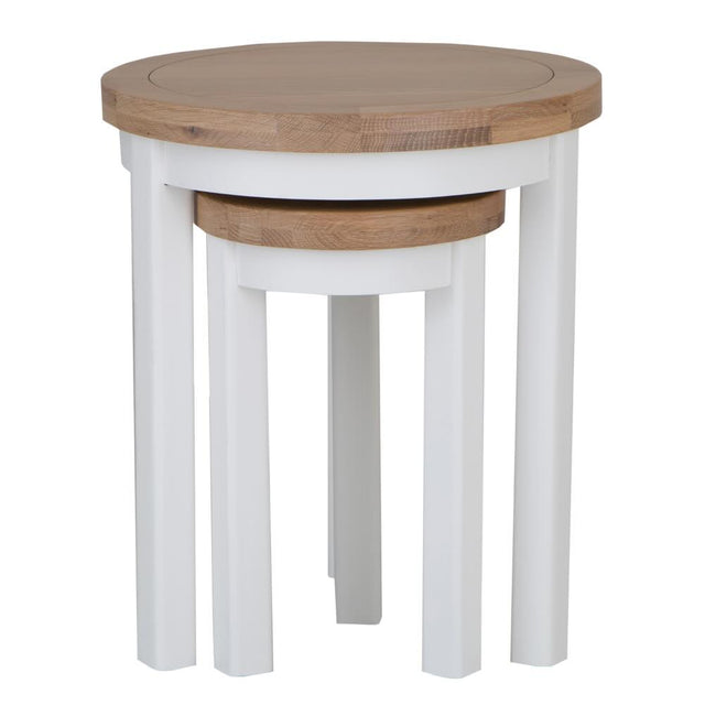 Alexandra Modern Oak Wood Round White Nesting Side Tables Set of 2