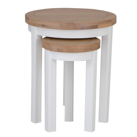 Alexandra Modern Oak Wood Round White Nesting Side Tables Set of 2