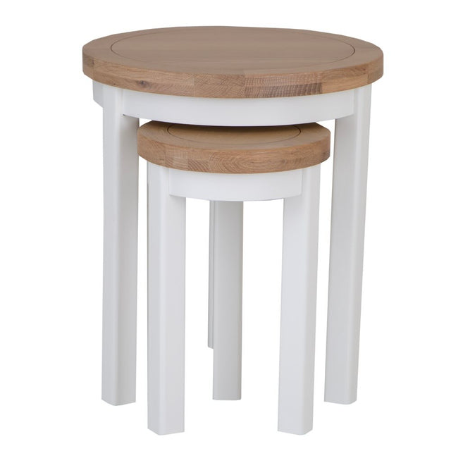 Alexandra Modern Oak Wood Round White Nesting Side Tables Set of 2