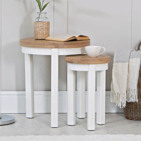 Alexandra Modern Oak Wood Round White Nesting Side Tables Set of 2