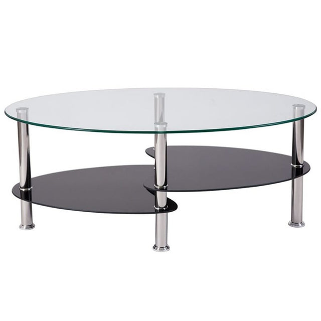 Modern-Oval-Glass-Top-Coffee-Table-With-Black-High-Gloss-Double-Shelf-Metal-Legs-90cm