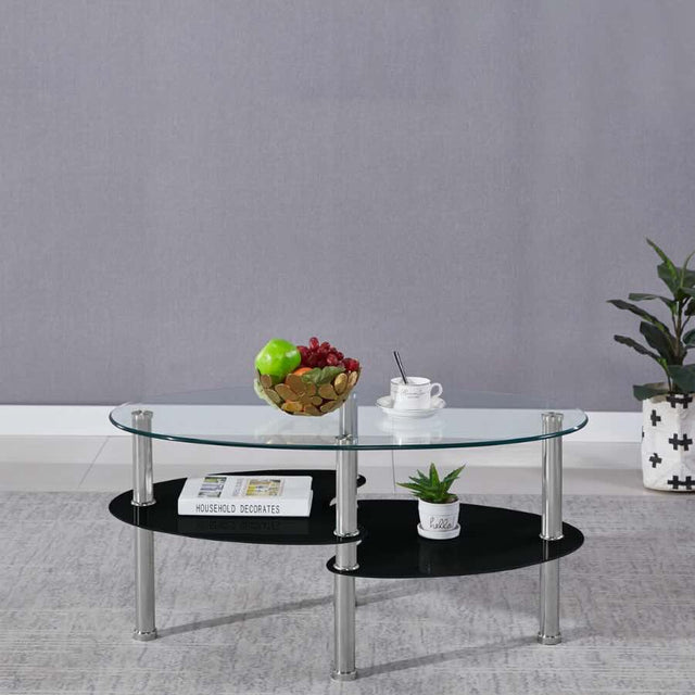 Modern-Oval-Glass-Top-Coffee-Table-With-Black-High-Gloss-Double-Shelf-Metal-Legs-90cm