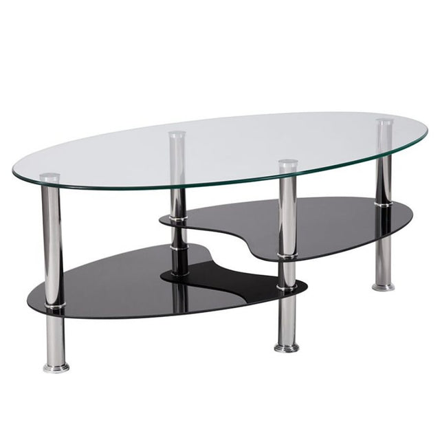 Modern-Oval-Glass-Top-Coffee-Table-With-Black-High-Gloss-Double-Shelf-Metal-Legs-90cm