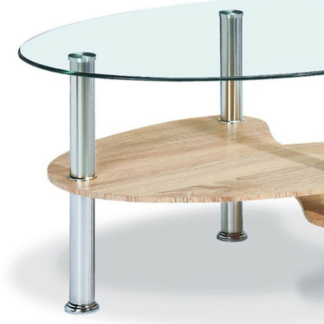 Modern-Oval-Glass-Top-Coffee-Table-With-Natural-Oak-Veneer-Double-Shelf-Metal-Legs-90cm