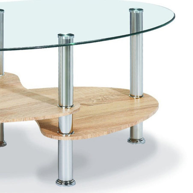 Modern-Oval-Glass-Top-Coffee-Table-With-Natural-Oak-Veneer-Double-Shelf-Metal-Legs-90cm