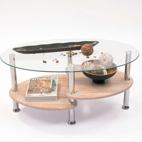 Modern-Oval-Glass-Top-Coffee-Table-With-Natural-Oak-Veneer-Double-Shelf-Metal-Legs-90cm