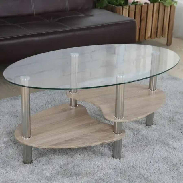 Modern-Oval-Glass-Top-Coffee-Table-With-Natural-Oak-Veneer-Double-Shelf-Metal-Legs-90cm