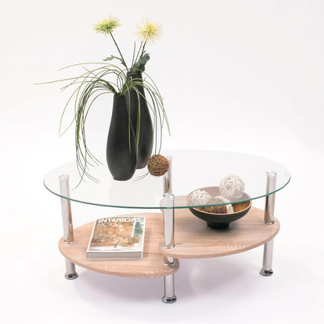 Modern-Oval-Glass-Top-Coffee-Table-With-Natural-Oak-Veneer-Double-Shelf-Metal-Legs-90cm