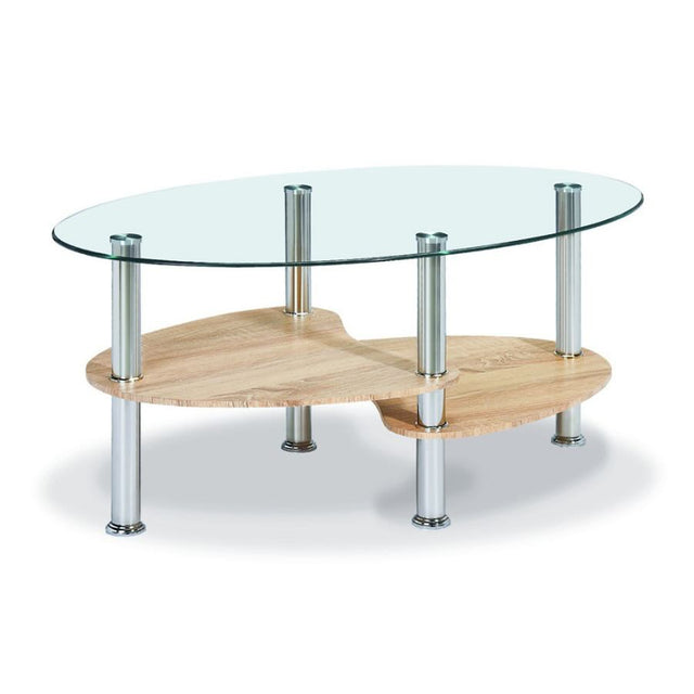 Modern-Oval-Glass-Top-Coffee-Table-With-Natural-Oak-Veneer-Double-Shelf-Metal-Legs-90cm