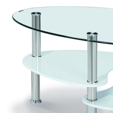 Modern-Oval-Glass-Top-Coffee-Table-With-White-High-Gloss-Double-Shelf-Metal-Legs-90cm