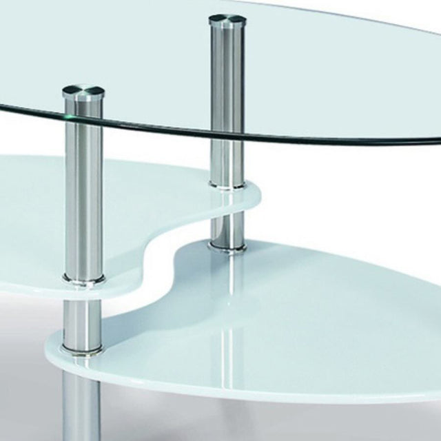 Modern-Oval-Glass-Top-Coffee-Table-With-White-High-Gloss-Double-Shelf-Metal-Legs-90cm