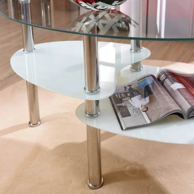 Modern-Oval-Glass-Top-Coffee-Table-With-White-High-Gloss-Double-Shelf-Metal-Legs-90cm