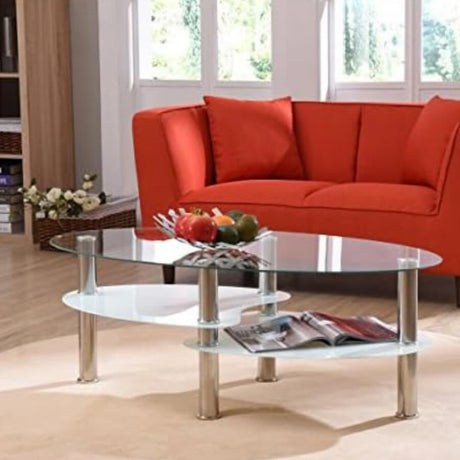 Modern-Oval-Glass-Top-Coffee-Table-With-White-High-Gloss-Double-Shelf-Metal-Legs-90cm