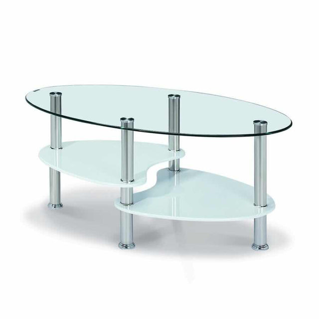 Modern-Oval-Glass-Top-Coffee-Table-With-White-High-Gloss-Double-Shelf-Metal-Legs-90cm