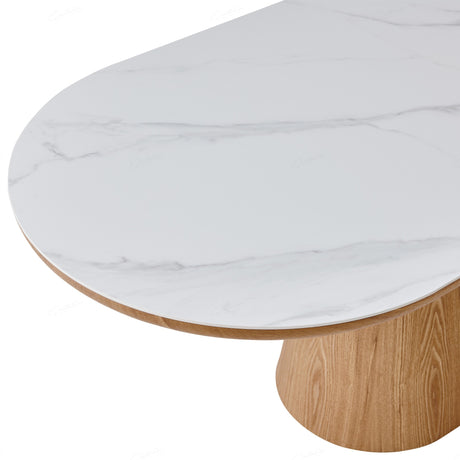 Modern Oval White Marble Stone Dining Table With Wood Base 200cm