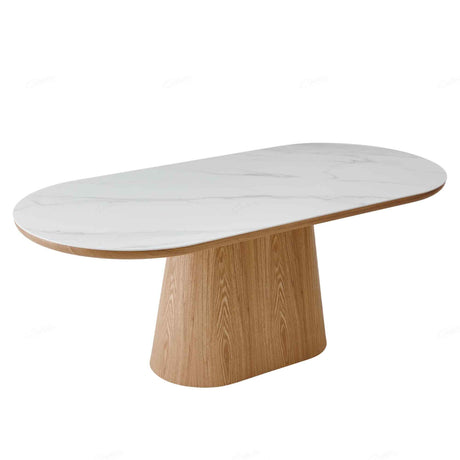 Modern Oval White Marble Stone Dining Table With Wood Base 200cm