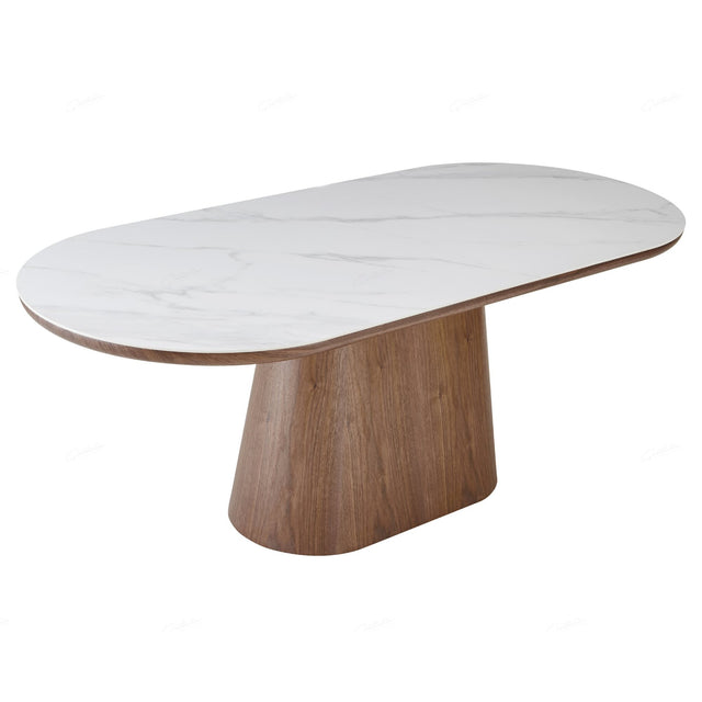 Modern Oval White Marble Stone Dining Table With Wood Base 200cm