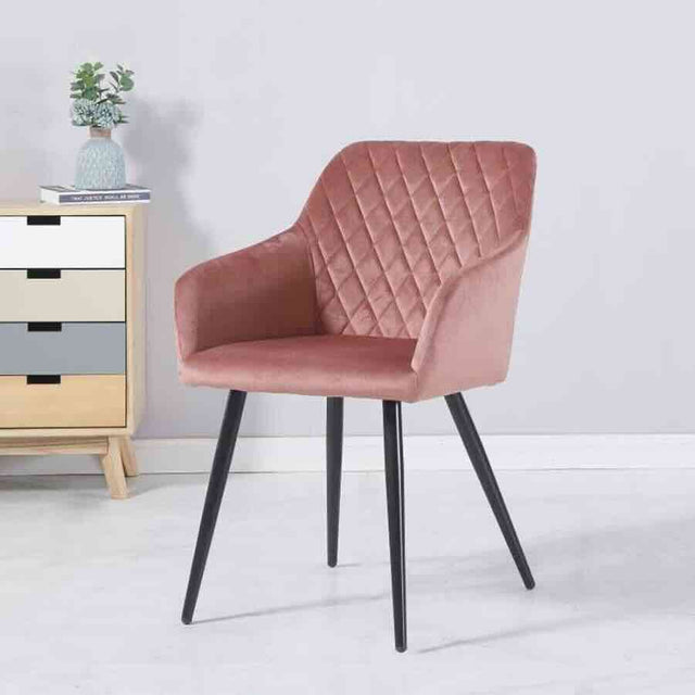 Modern-Pink-Velvet-Diamond-Stitched-Dining-Chair-Black-Metal-Legs-Set-of-2