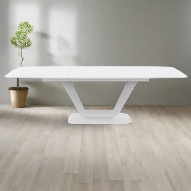 Wilmslow Modern 6-8 Seater Rectangular White Glass Extending Dining Table With Pedestal Base