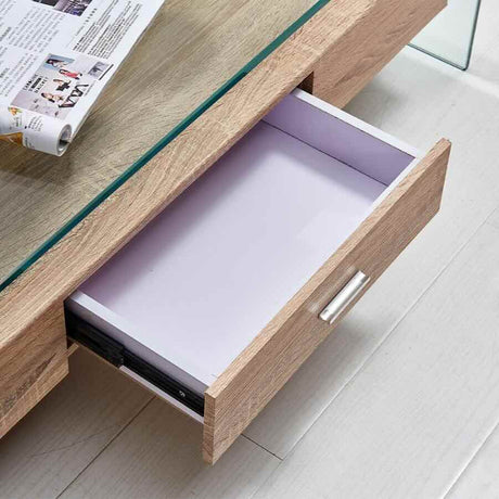 Modern-Rectangular-Tempered-Glass-Coffee-Table-With-Oak-Wood-Drawer-110cm