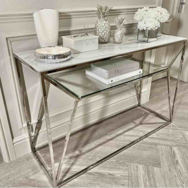 Modern-Rectangular-White-Glass-Marble-Console-Table-With-Glass-Shelf-_-Metal-Base-120cm