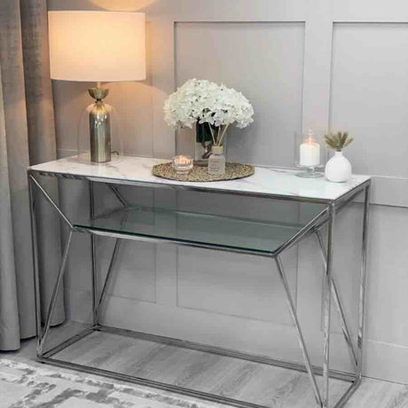 Modern-Rectangular-White-Glass-Marble-Console-Table-With-Glass-Shelf-_-Metal-Base-120cm