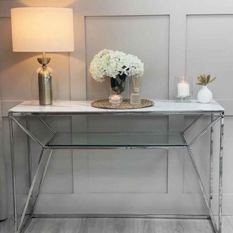 Modern-Rectangular-White-Glass-Marble-Console-Table-With-Glass-Shelf-_-Metal-Base-120cm