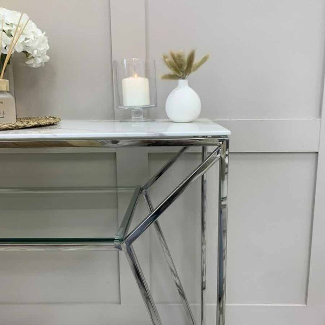 Modern-Rectangular-White-Glass-Marble-Console-Table-With-Glass-Shelf-_-Metal-Base-120cm