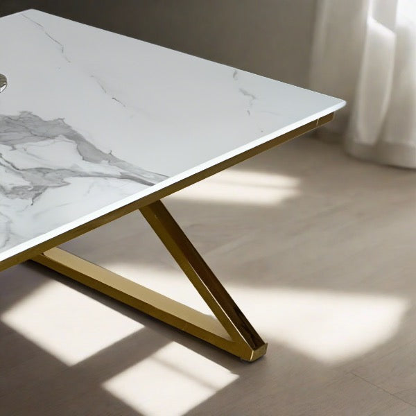 Keswick Modern Rectangular White Marble Coffee Table 120cm With Gold Frame