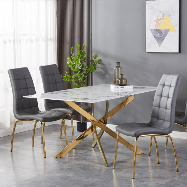 Aurelia Modern Rectangular White Marble Dining Table 160cm Gold Base