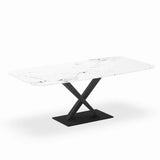 Bakewell Modern Rectangular 6 Seater White Marble Dining Table 160cm With Crossover Pedestal Base