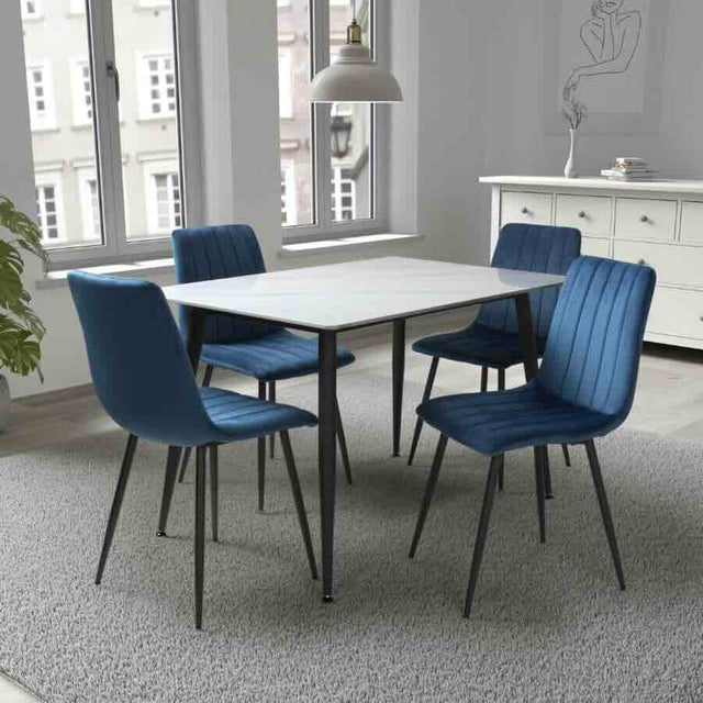 Modern-Rectangular-White-Stone-Dining-Table-With-4-Blue-Velvet-Chairs-Kitchen-Table-Set