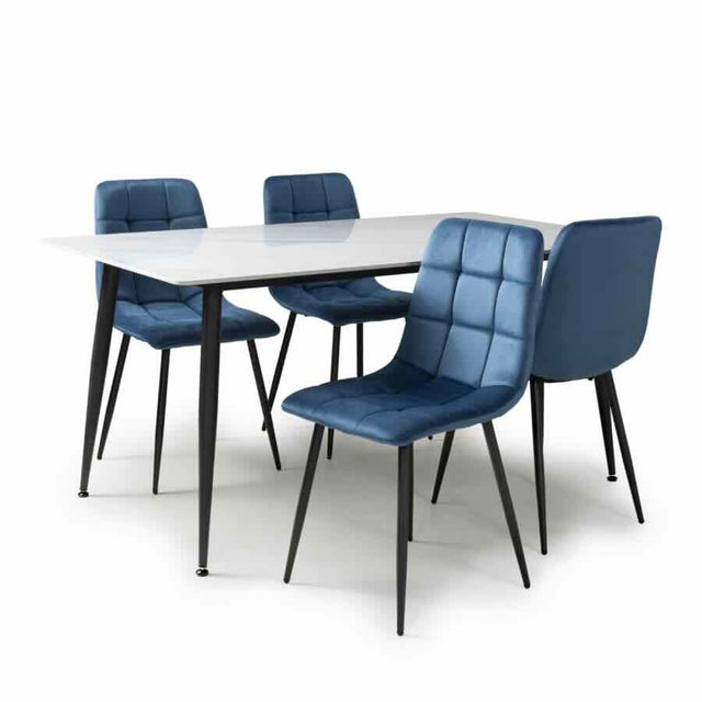 Modern-Rectangular-White-Stone-Dining-Table-With-4-Blue-Velvet-Chairs-Kitchen-Table-Set-160cm