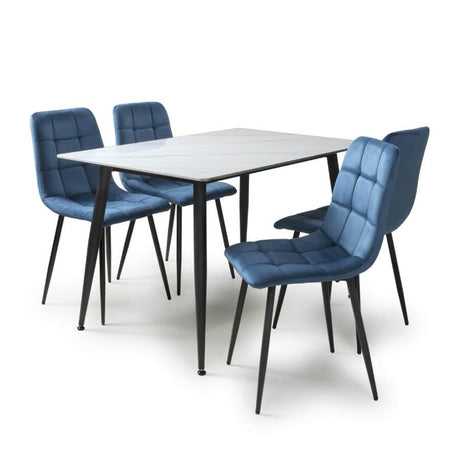 Modern-Rectangular-White-Stone-Dining-Table-With-4-Blue-Velvet-Chairs-Kitchen-Table-Set