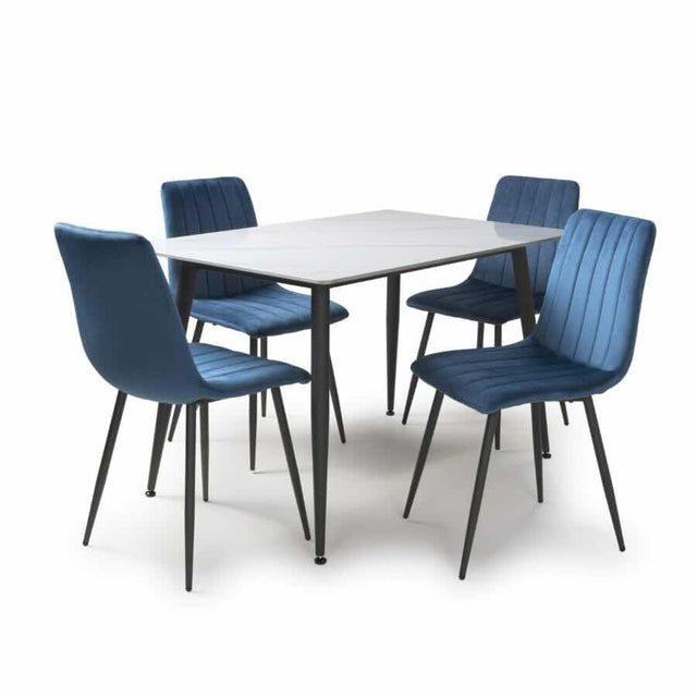 Modern-Rectangular-White-Stone-Dining-Table-With-4-Blue-Velvet-Chairs-Kitchen-Table-SetModern-Rectangular-White-Stone-Dining-Table-With-4-Blue-Velvet-Chairs-Kitchen-Table-Set-160cm