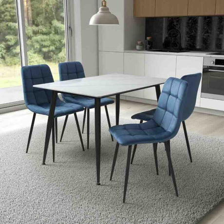 Modern-Rectangular-White-Stone-Dining-Table-With-4-Blue-Velvet-Chairs-Kitchen-Table-Set