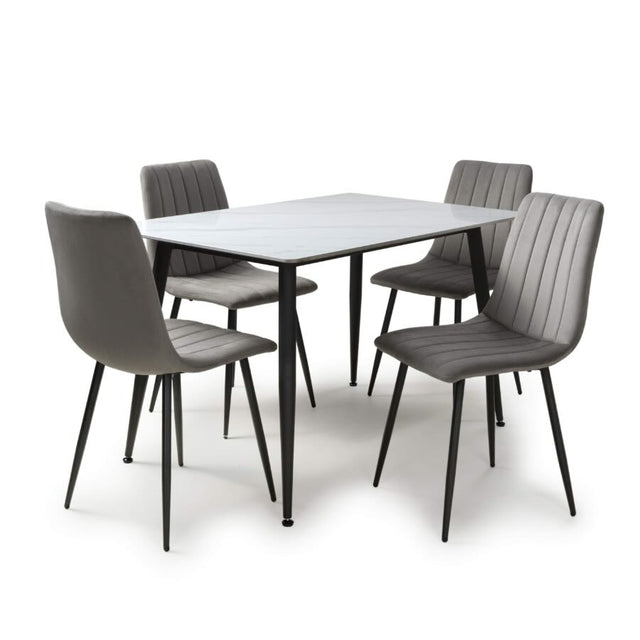 Modern-Rectangular-White-Stone-Dining-Table-With-4-Grey-Velvet-Chairs-Kitchen-Table-Set