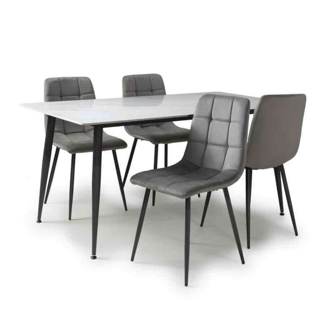    Modern-Rectangular-White-Stone-Dining-Table-With-4-Grey-Velvet-Chairs-Kitchen-Table-Set-160cm