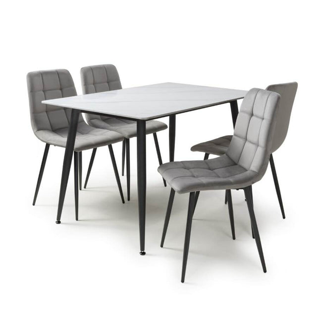 Modern-Rectangular-White-Stone-Dining-Table-With-4-Grey-Velvet-Chairs-Kitchen-Table-Set